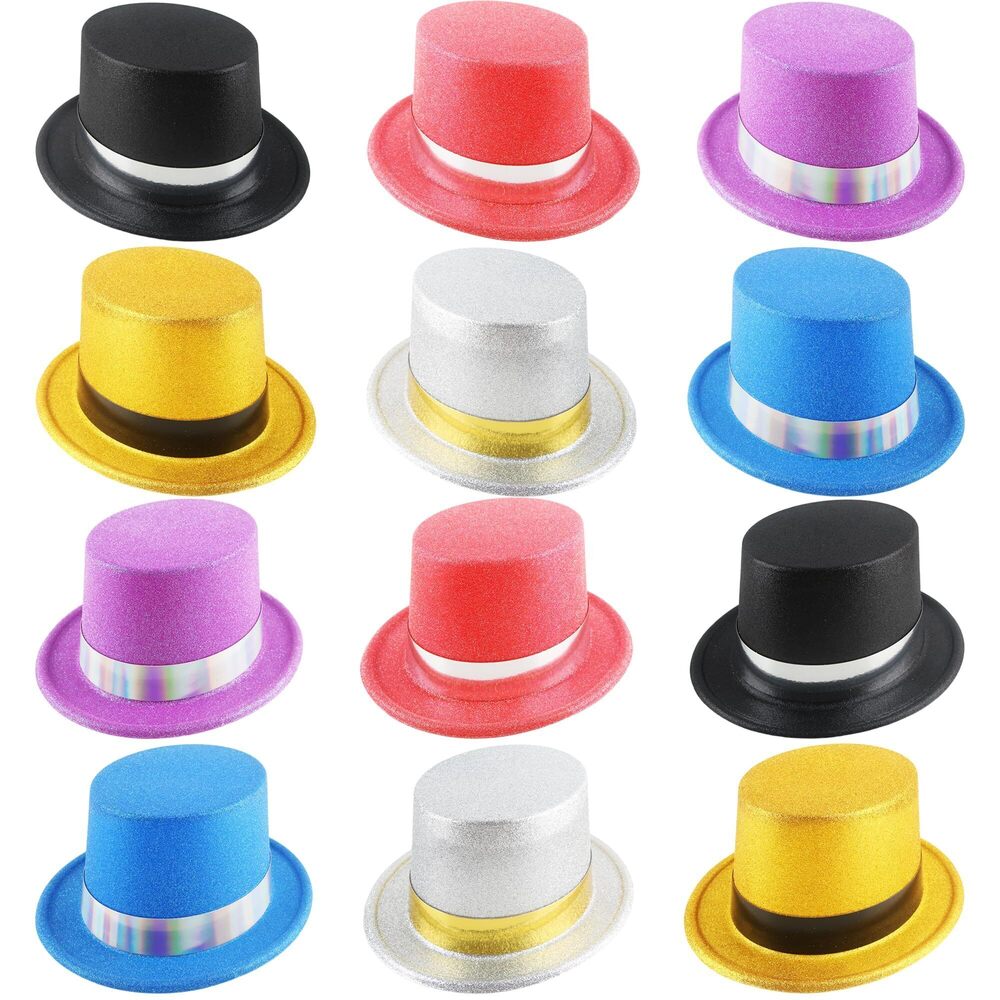 4983 12 Pcs Glitter Top Hats Bulk Plastic Top Hats Party Hat Bright